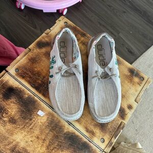 Hey Dude Light Tan Shoes with Green Details